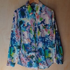 GoSilk 100% Silk Button Up Blouse, Abstract Art Pattern, Long Sleeves, Collar